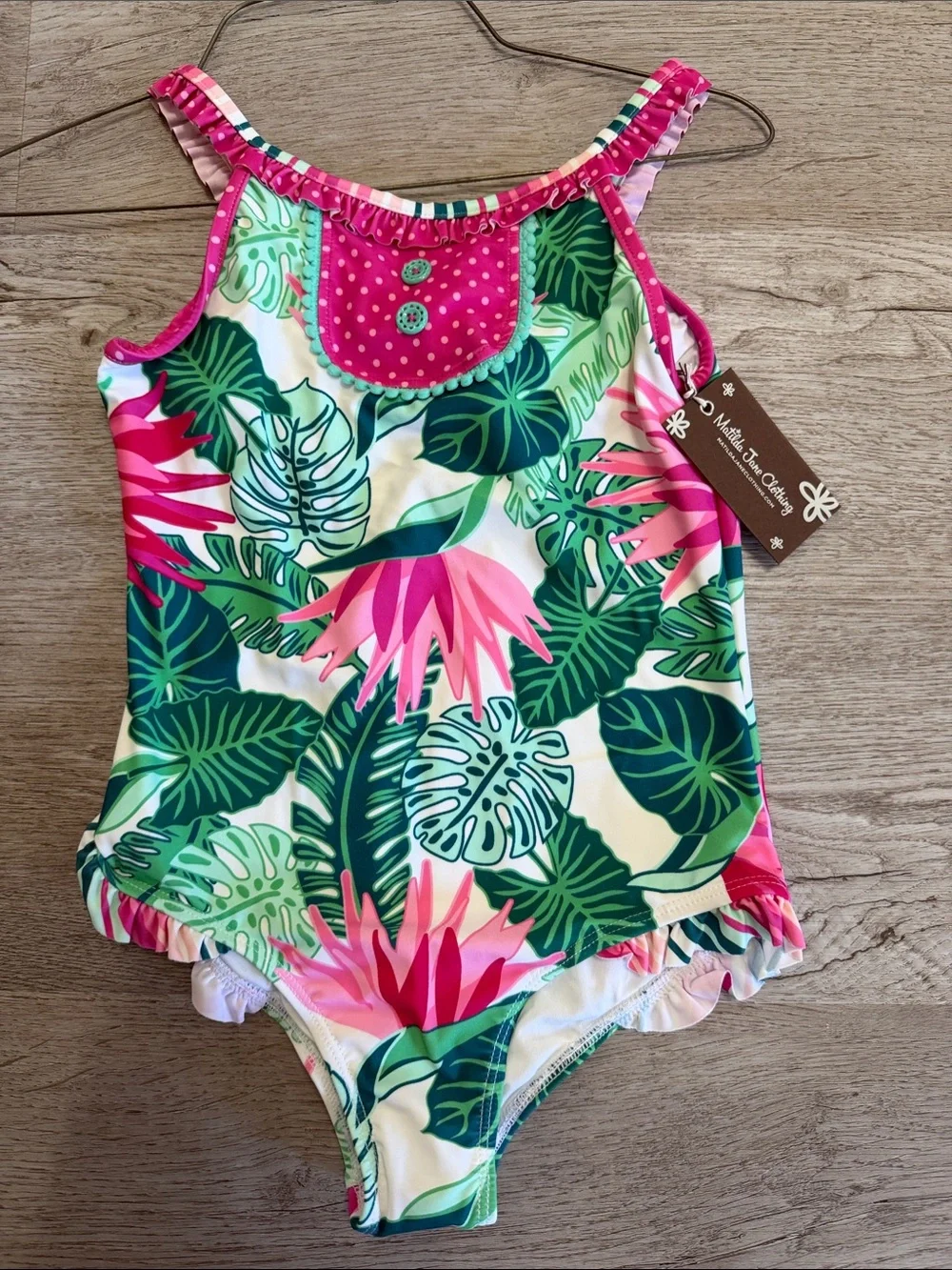 Matilda Jane Pink & Green Tropical Leaf Ruffle One-Piece Swimsuit